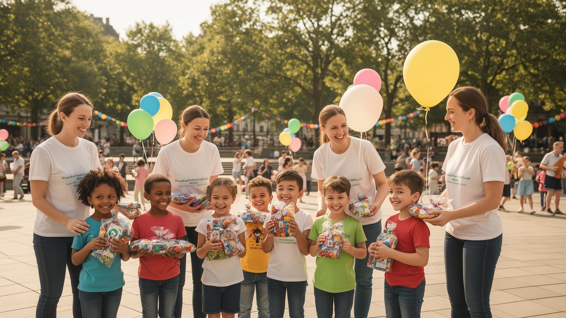 Crianças felizes em uma entrega comunitária de presentes organizada pela Por Um Sorriso